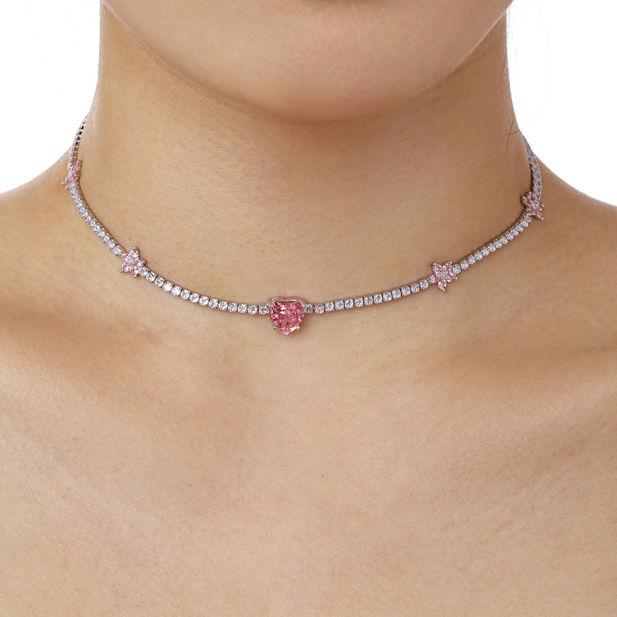 [Luck&Love]Dazzling Pink Heart Flower Necklace