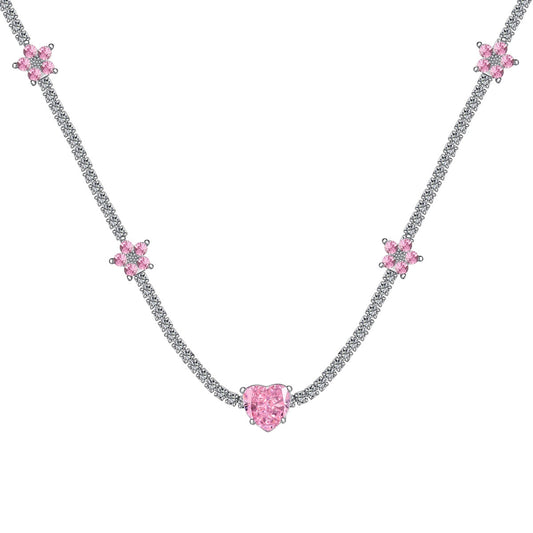 [Luck&Love]Dazzling Pink Heart Flower Necklace